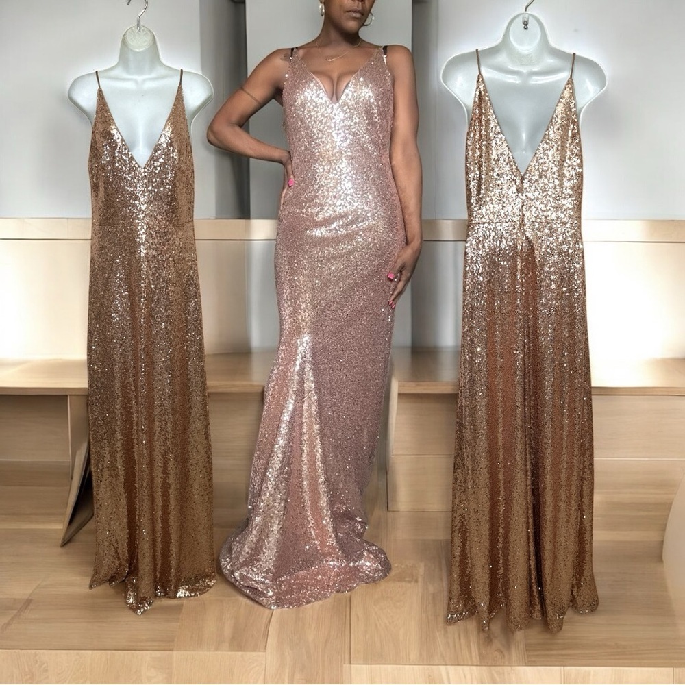 Jenny Yoo Gold Sequin Gown Sleeveless Plunge